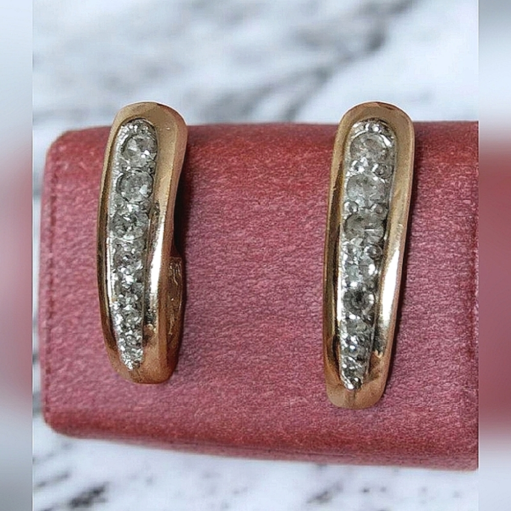 Panetta Gold Tone Huggie Hoop Rhinestone Earrings Signed